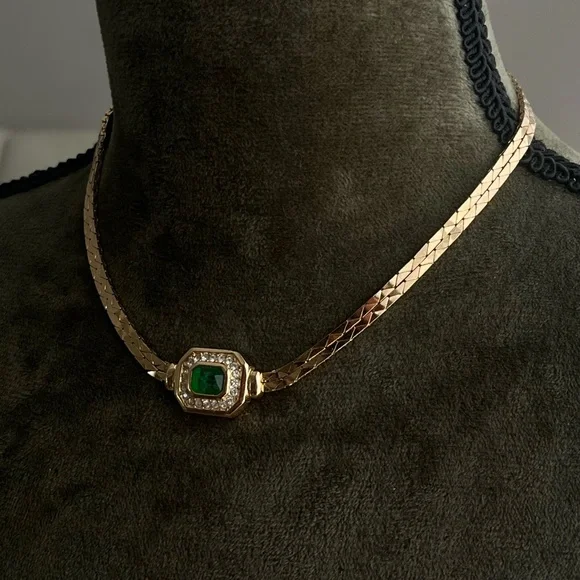 Vintage Grossé (Dior) Green Swirly Poured Glass Double Layer Gold Chain Necklace - Picture 4 of 8